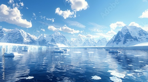  A lake dotted with icebergs, floating amidst snow-capped mountains beneath a blue, cloud-studded sky