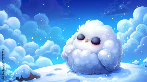   A tiny white bird perches atop a snow-capped hill beneath a blue sky dotted with clouds and drifting flakes