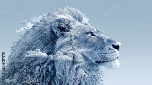   A tight shot of a lion s head against a backdrop of a clear blue sky  dotted with clouds in the foreground