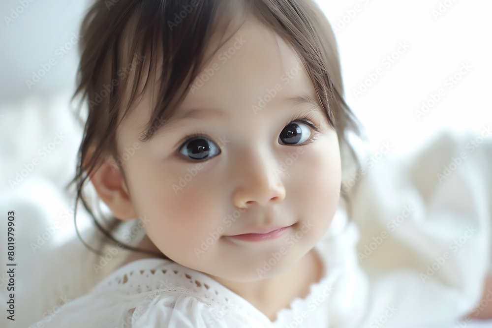 Cute Japanese baby girl with big eyes looking at the camera and smiling happily wearing white on a white background with high definition photography in a closeup of her face with soft Cute Japanese baby girl with big eyes looking at the camera and smiling happily wearing white on a white background with high definition photography in a closeup of her face with soft