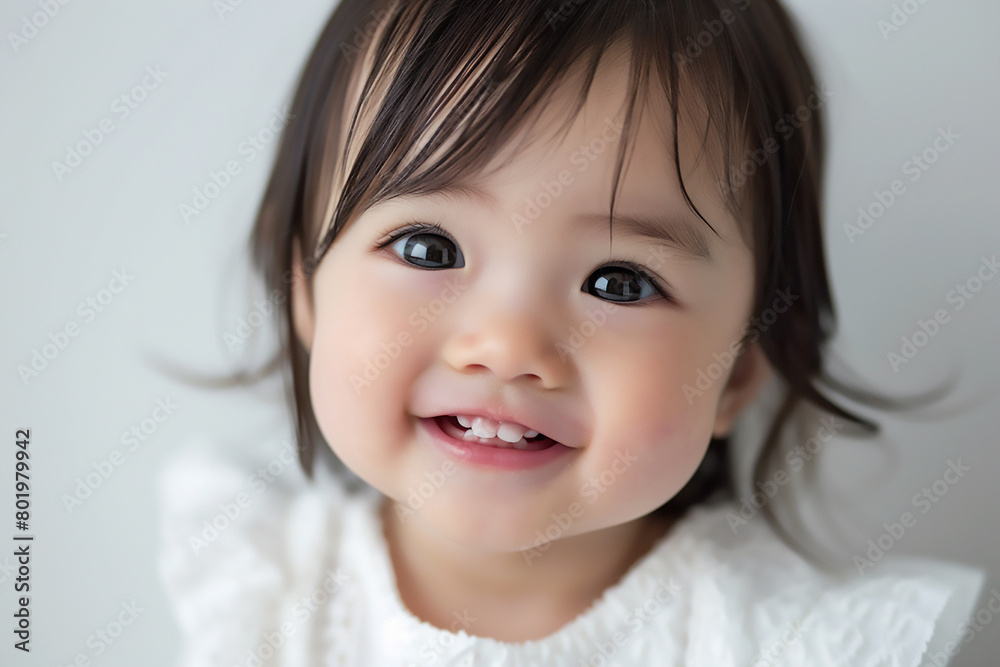 Cute Japanese baby girl with big eyes looking at the camera and smiling happily wearing white on a white background with high definition photography in a closeup of her face with soft Cute Japanese baby girl with big eyes looking at the camera and smiling happily wearing white on a white background with high definition photography in a closeup of her face with soft