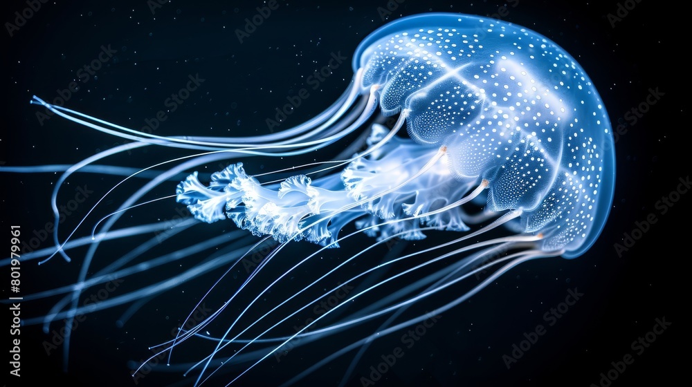   A tight shot of a jellyfish's head against a black backdrop, its body adorned with blue and white striations