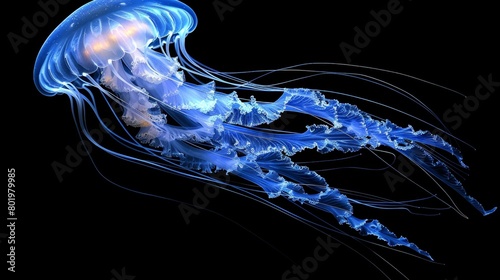   A tight shot of a jellyfish against a black backdrop, its head subtly blurred photo