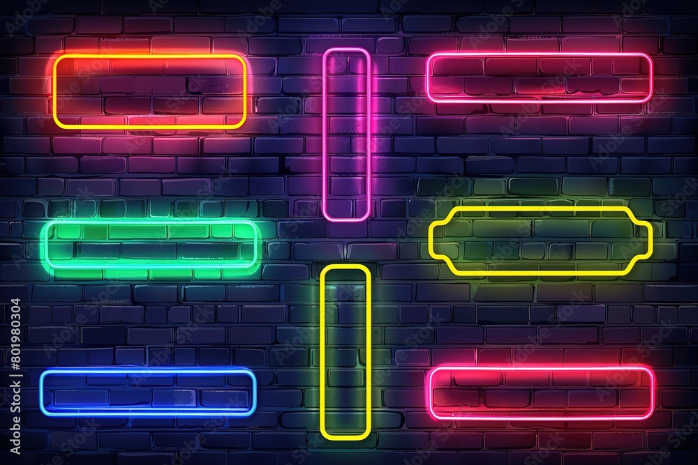 Neon frames isolated on brick wall background. Realistic color neon banners. Neon frames isolated on brick wall background. Realistic color neon banners.