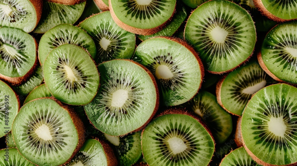A stack of sliced kiwis atop two aligned piles of whole kiwis A stack of sliced kiwis atop two aligned piles of whole kiwis