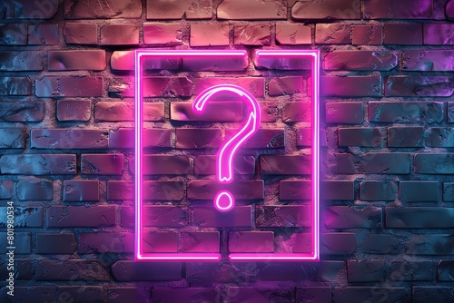 Blue glowing outline neon question mark or sign on brick wall background, ui and ux light icon and bright symbol. photo