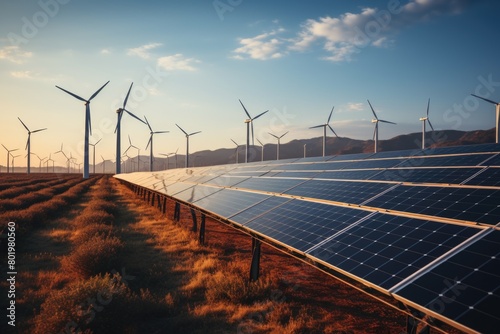 Solar panels and wind turbines generating energy sunset