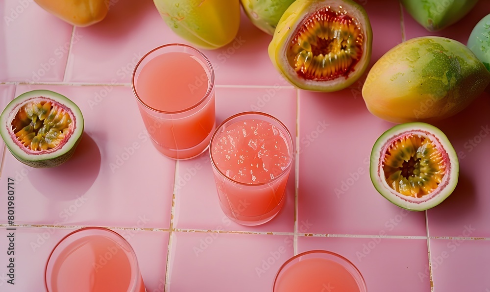 passion fruits and guava on a pink-tiled table with glasses of guava juice, Generative AI passion fruits and guava on a pink-tiled table with glasses of guava juice, Generative AI