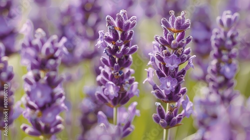   A scene of lavender flowers with a bee atop a bloom in the image s center