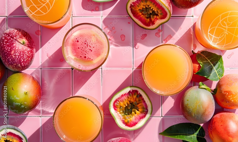 passion fruits and guava on a pink-tiled table with glasses of guava juice, Generative AI passion fruits and guava on a pink-tiled table with glasses of guava juice, Generative AI