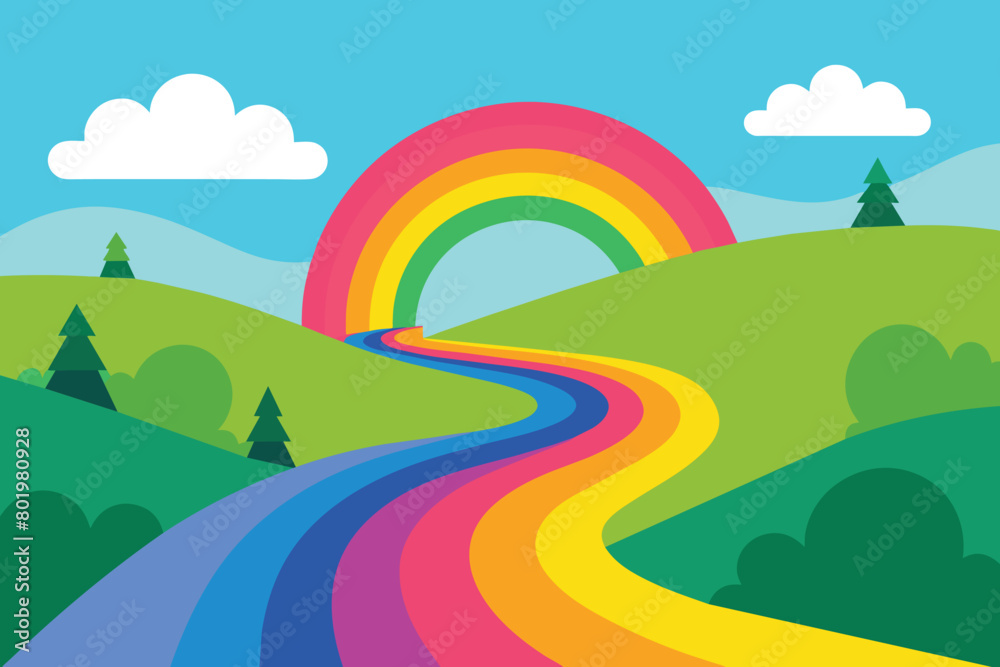 Winding Road Rainbow Nature Landscape Scenery vector Illustration