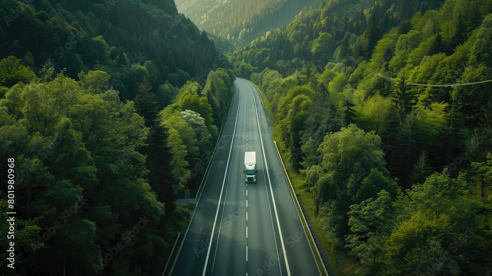 A lone truck travels a forest-lined highway, merging technology with nature's tranquility Generative AI