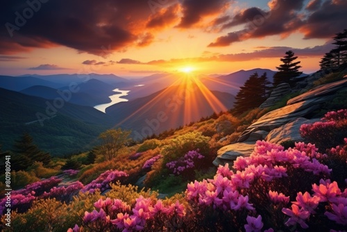 Beautiful flowers at mountain sunset and clouds sky