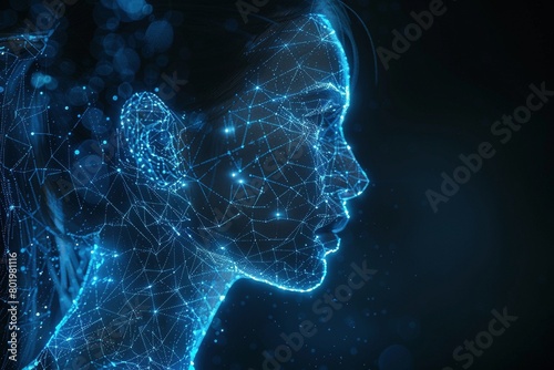 A human head rendered in a glowing neon blue wireframe, its intricate structure displayed against a dark, isolated background.