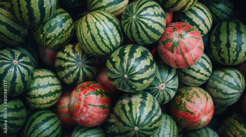 A stack of watermelons, with individual piles on top A stack of watermelons, with individual piles on top