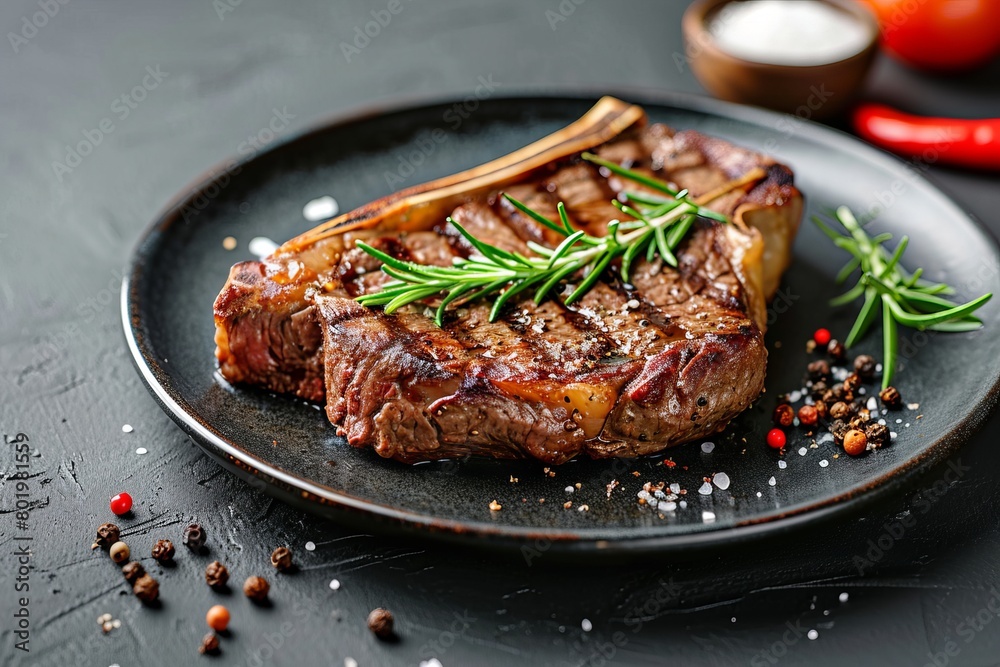 Juicy grilled steak with rosemary and smoked pepper
