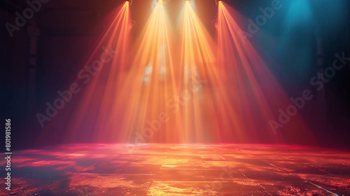 Empty stage light background. Illuminated stage with warm lighting design for modern dance performance. Entertainment show. Stage design for modern dance. Spotlight effect on stage. Generative AI 