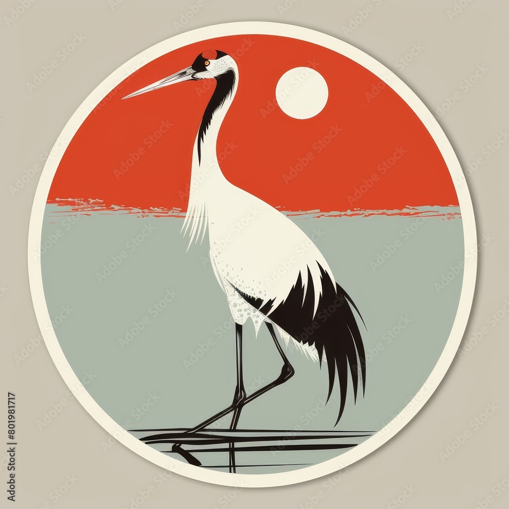 Obraz premium A long-necked bird silhouetted against a red and blue sunset sky Sun resides behind