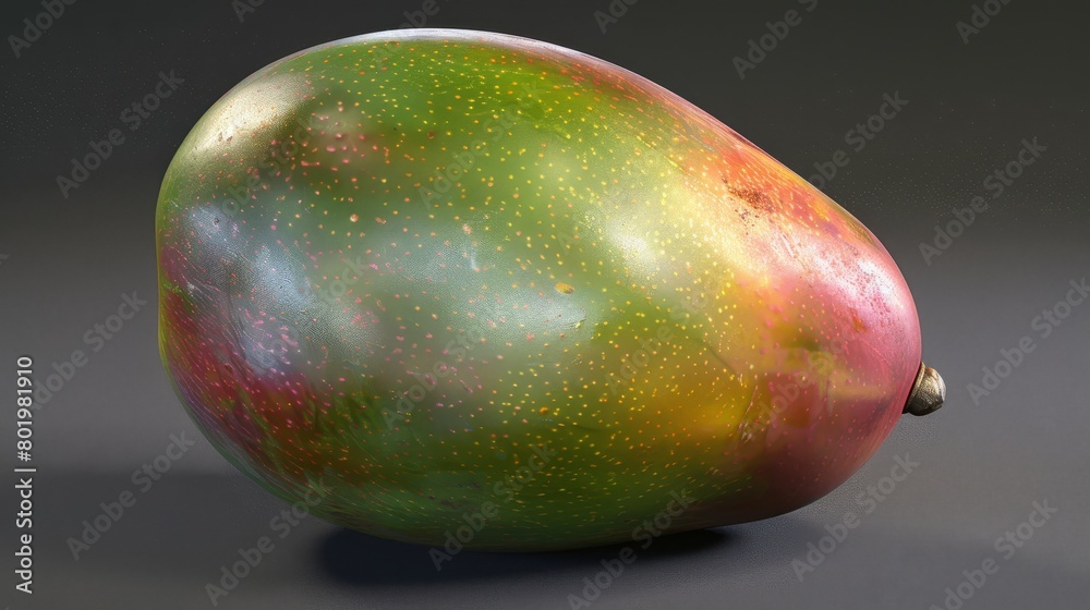 A large green-red apple sits atop a gray surface, adorned with yellow dot speckles A large green-red apple sits atop a gray surface, adorned with yellow dot speckles