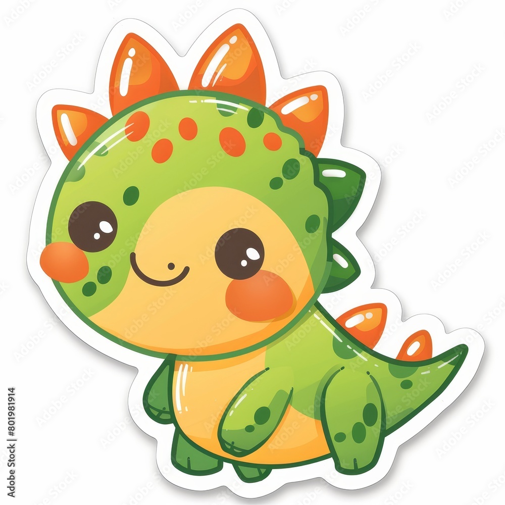 A sticker featuring a green dinosaur with an orange spotted head and a smiling face A sticker featuring a green dinosaur with an orange spotted head and a smiling face