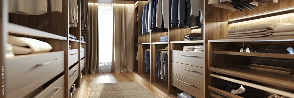 Closet with towels and other clothes in modern dressing room interior Closet with towels and other clothes in modern dressing room interior