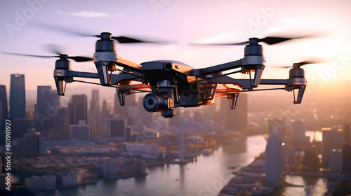 Drone quadrocopter in flight over the city at sunset. Close-up