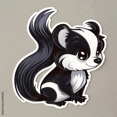   A black-and-white skunk sticker atop paper featuring an image of a skunk