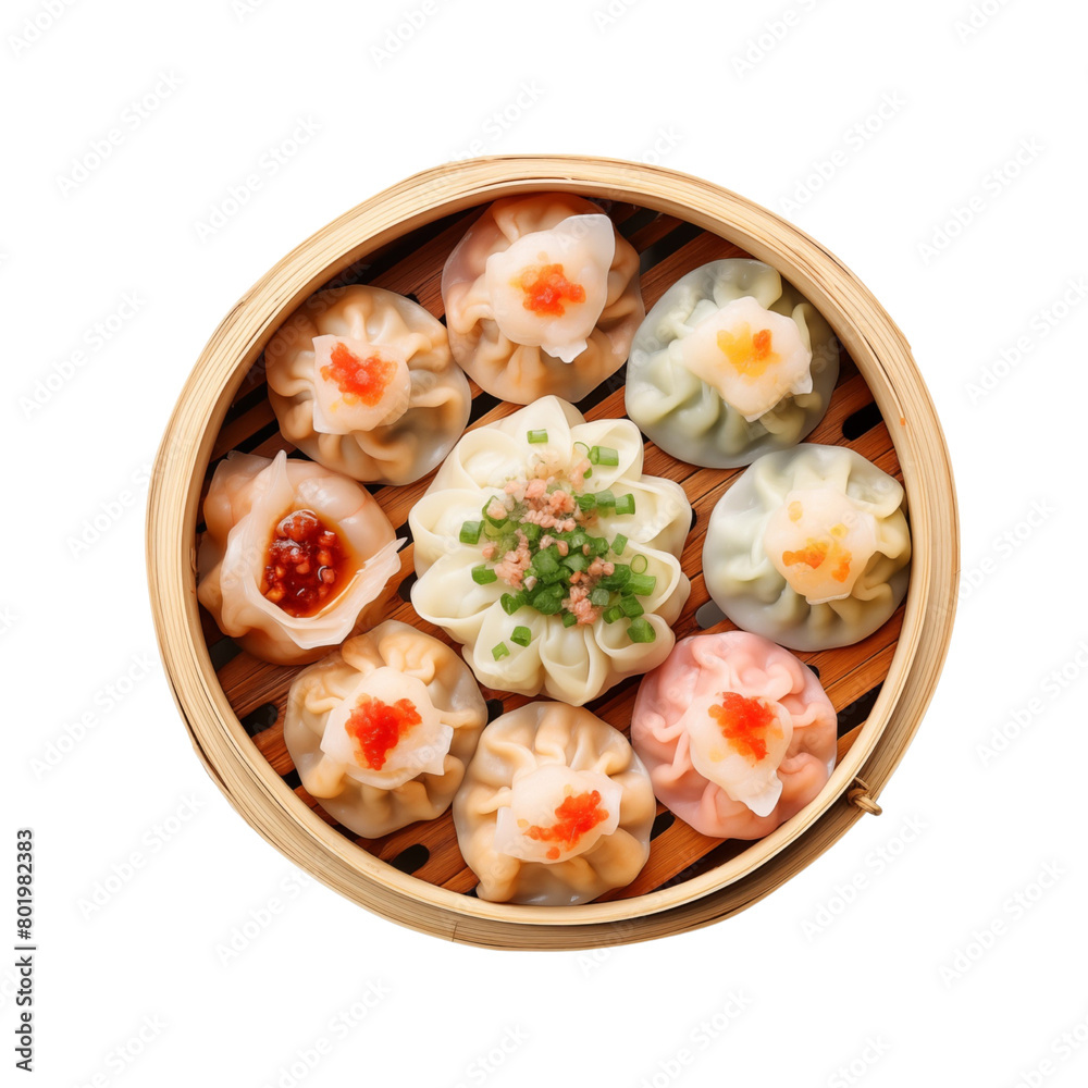 Bamboo steamer of juicy xiao long bao dumplings, garnished with a dollop of red sauce, isolated on a transparent background. Generative AI Bamboo steamer of juicy xiao long bao dumplings, garnished with a dollop of red sauce, isolated on a transparent background. Generative AI