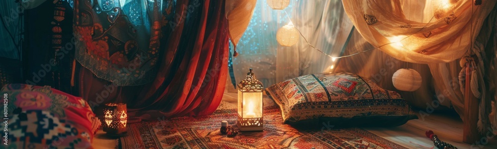 Lamp that is sitting on a rug in a room. Fortune teller concept background. Banner