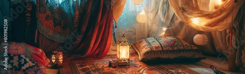 Lamp that is sitting on a rug in a room. Fortune teller concept background. Banner photo