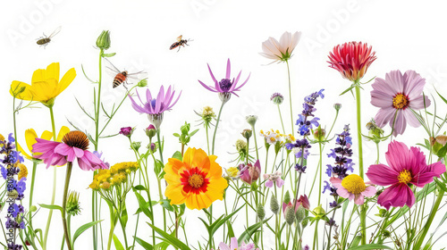 A beautiful spring flower field summer meadow  Natural colorful landscape with many wild flowers of daisies on white background   A frame with soft selective focus  Magical nature background blossom