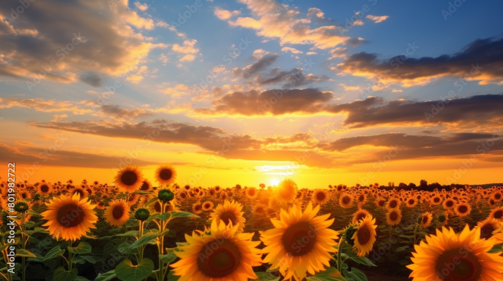 Endless field of sunflowers illuminated by the sun, harvest and agricultural business concept

