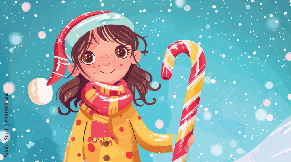 Cute little girl with colorful candy cane on blue background