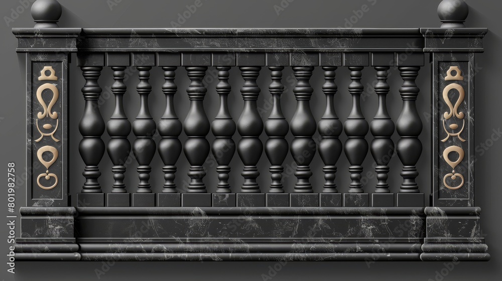 Black balustrade border with pillar and floor modern element for a greek terrace. Isolated realistic decorative baluster for a greek terrace on a transparent background. Black balustrade border with pillar and floor modern element for a greek terrace. Isolated realistic decorative baluster for a greek terrace on a transparent background.