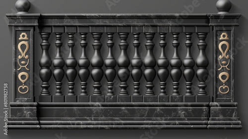 Black balustrade border with pillar and floor modern element for a greek terrace. Isolated realistic decorative baluster for a greek terrace on a transparent background. photo