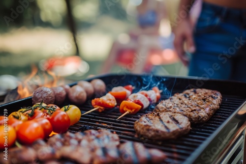 Close-up of a grill during a summer barbecue party with a blurred background of people having fun. Concept of outdoor holiday party at campsite with friends and family with copyspace 
