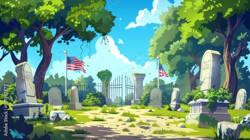 A summer day at the national cemetery with the American flag flying near the graves. Modern cartoon illustration of a military memorial graveyard with marble tombs on green lawn under tall trees,