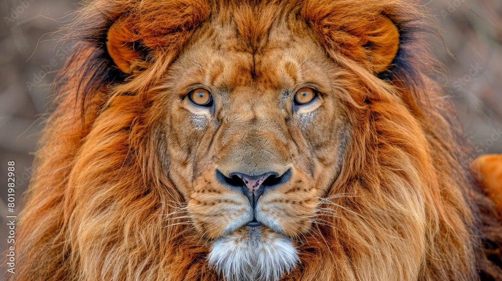   A tight shot of a lion's intense face with a blurred background