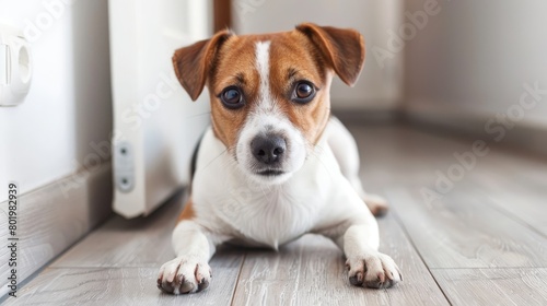  A brown-and-white dog lies on a wooden floor, near a radiator and a door