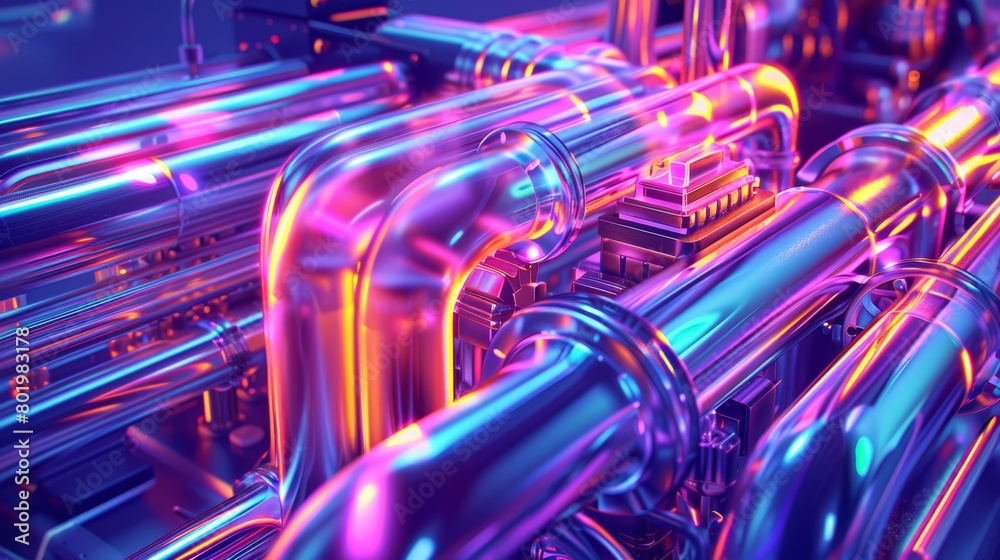 A tight shot of a pipe bundle with neon lights embedded in their midst A tight shot of a pipe bundle with neon lights embedded in their midst