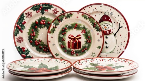A set of ceramic dessert plates each with a different festive design such as a Christmas wreath a snowman and a jingle bell.. © Justlight