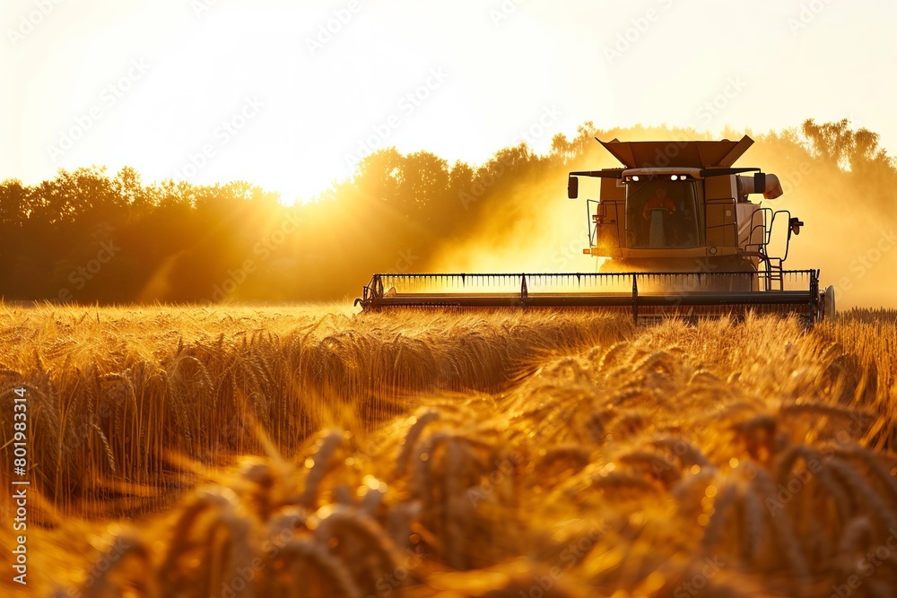 Fototapeta premium Seasonal wheat harvest by combine, concept of agricultural business, eco products