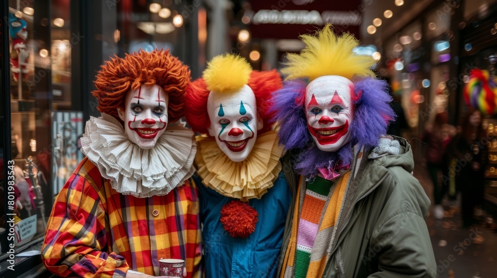   Three clowns congregate before a store window, its illuminated lights casting a gentle glow behind them