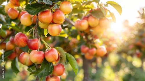  A lush green tree teeming with numerous ripe fruits atop its leaf-covered crown