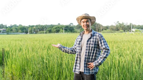 Asian men stand in front of a rice farm.