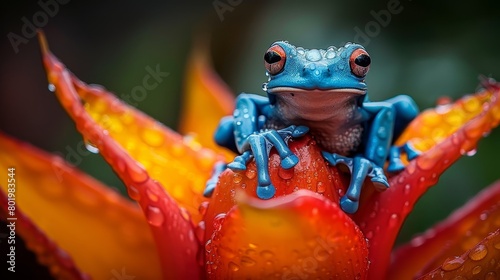  A blue frog sits atop a red flower, with dewdrops beading its body and head