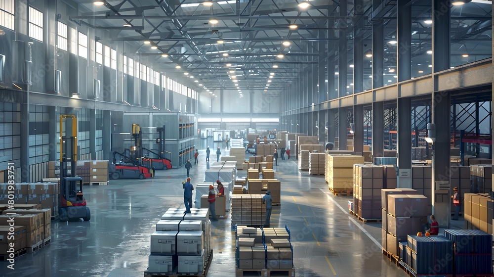 Spacious industrial warehouse interior with boxes and pallets. Logistics hub for goods storage and shipping. Efficient and modern storage facility. AI