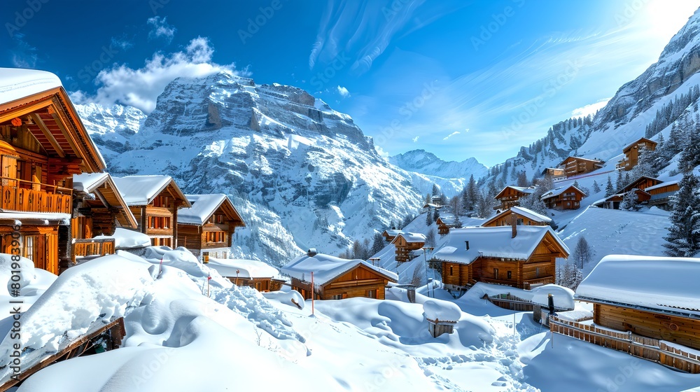 Serene Winter Wonderland: Snow-Covered Chalets and Mountain Peaks Under a Clear Blue Sky. A Scenic, Tranquil Alpine Landscape Ideal for Holiday Settings. AI