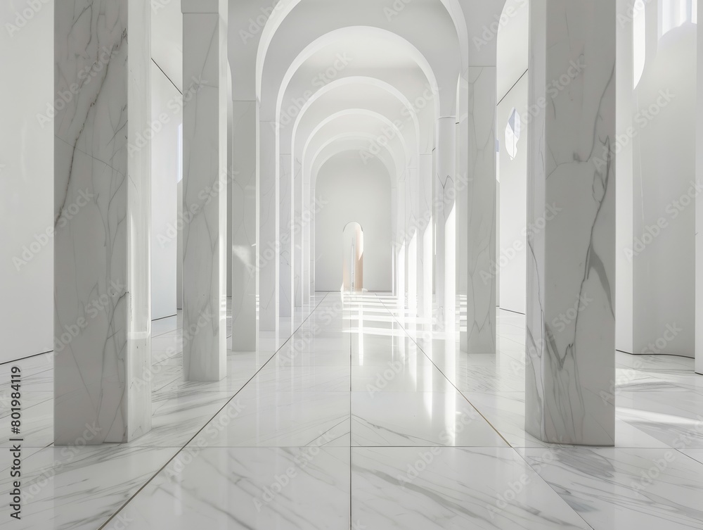 Sanctuary aisle pristine white marble flanked by minimalist walkway poles Sanctuary aisle pristine white marble flanked by minimalist walkway poles