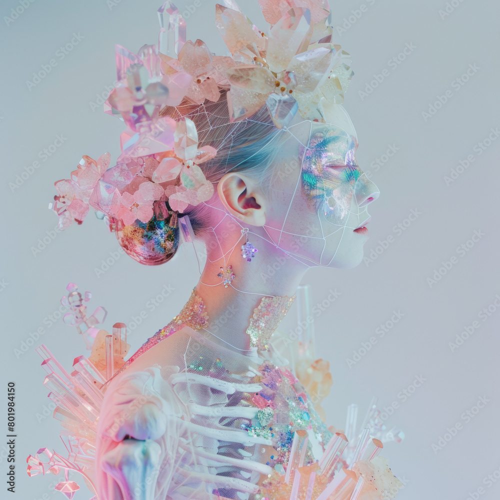 Fototapeta premium A woman with a flower crown on her head and a skeleton costume